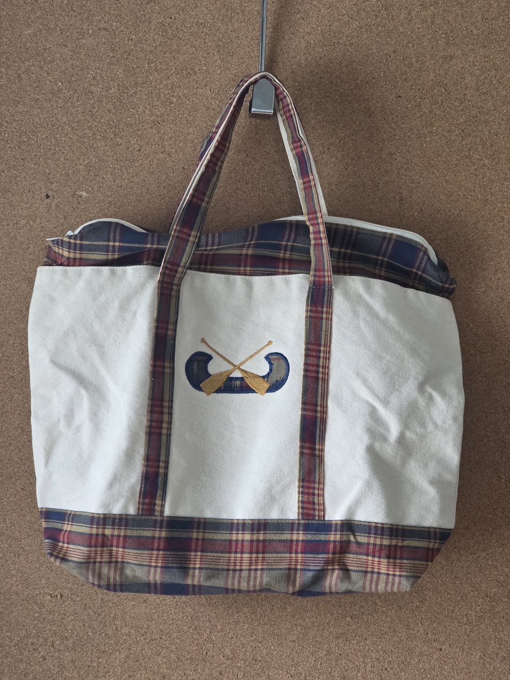 Plaid Canoe Paddle Embroidery Cotton Canvas Zip‑Top Tote Outdoors Adventure